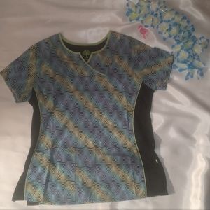 Women's Healing Hands scrubs top L blue/yellow/black multicolored